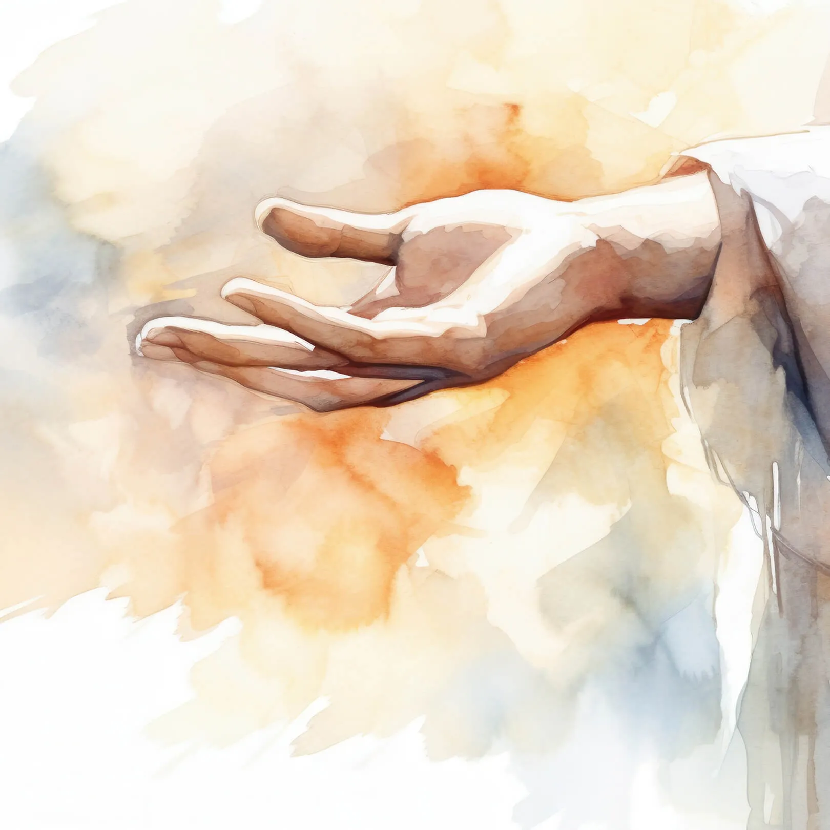A watercolor illustration of an open hand extended in a gentle, offering gesture against warm light