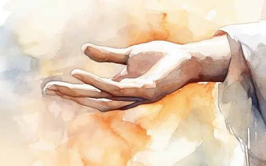 A watercolor illustration of an open hand extended in a gentle, offering gesture against warm light
