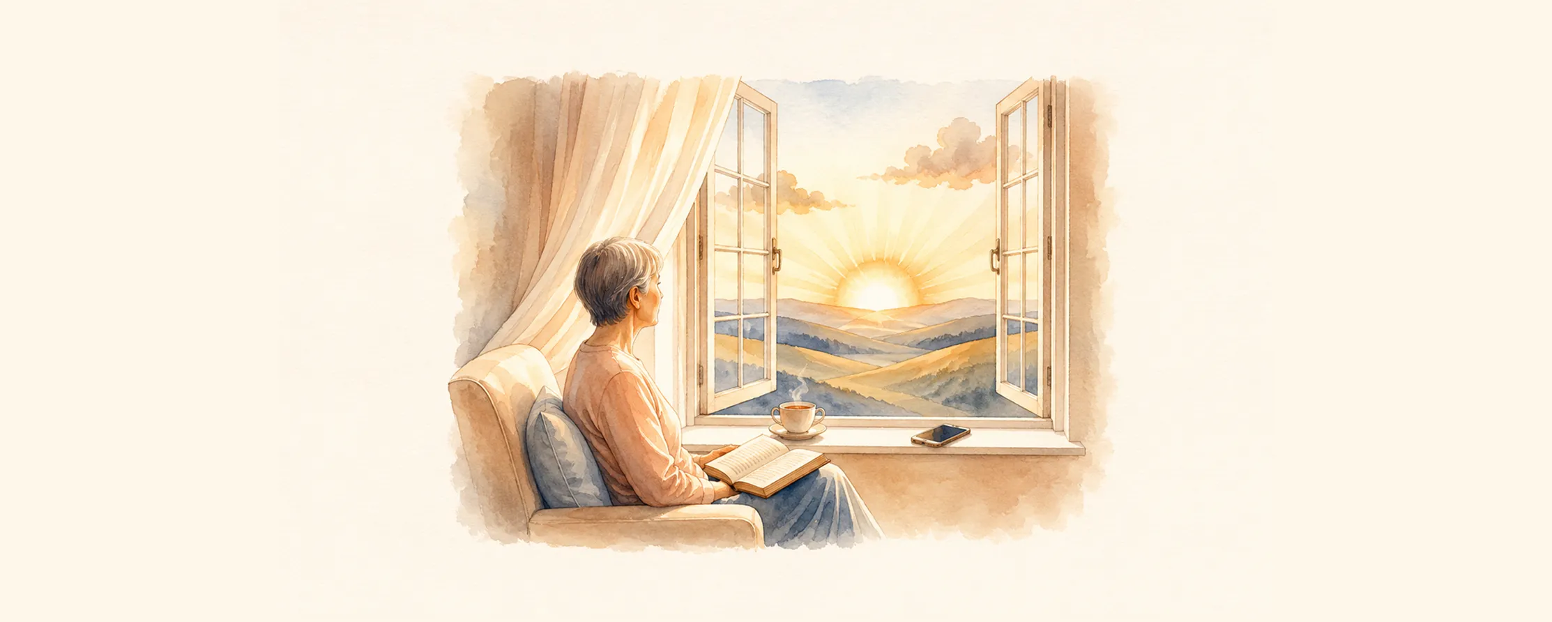 Watercolor illustration of a woman reading by an open window at sunrise, with a phone set face-down nearby