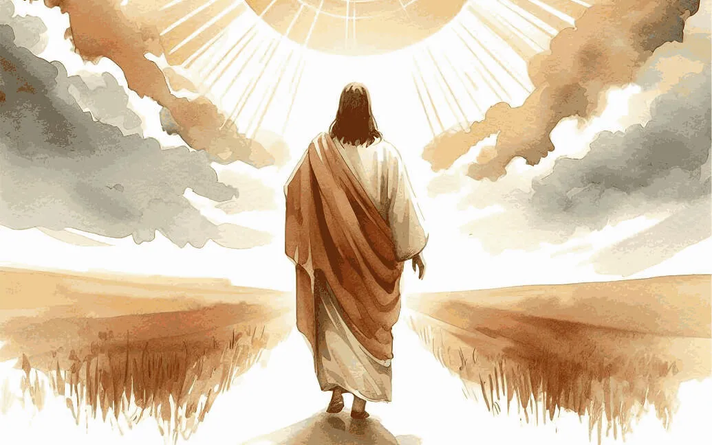 Illustration of a robed figure walking through a field toward bright light on the horizon
