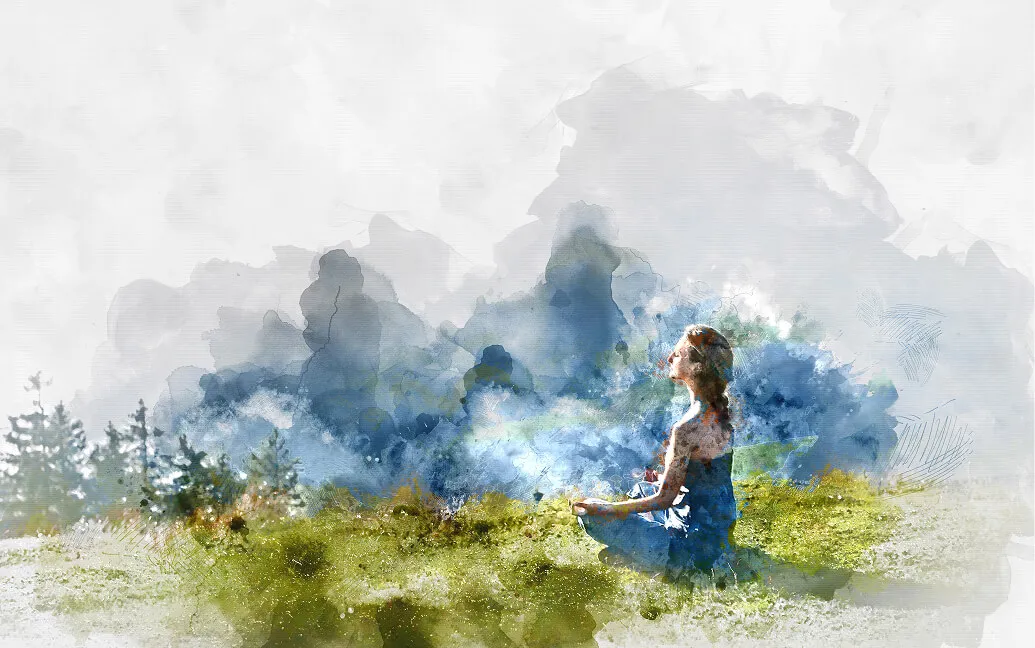 Watercolor-style illustration of a woman meditating on a grassy hillside with trees and soft sky
