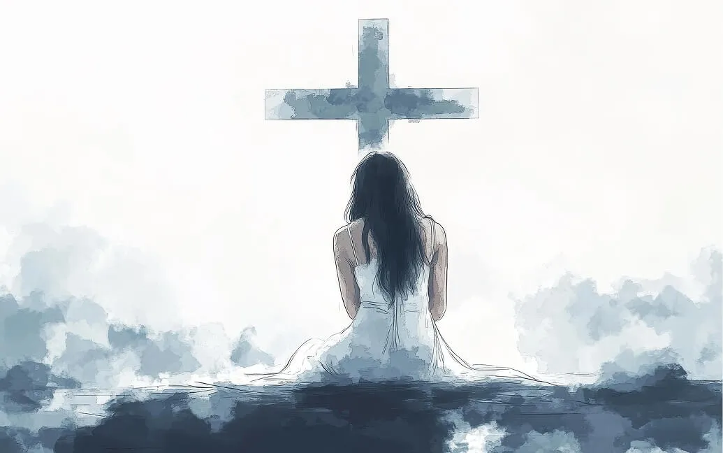 A woman kneeling in prayer before a cross in soft watercolor light
