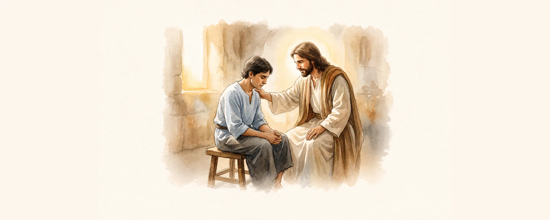 Watercolor illustration of Jesus gently placing a hand on a young man's shoulder in a quiet room