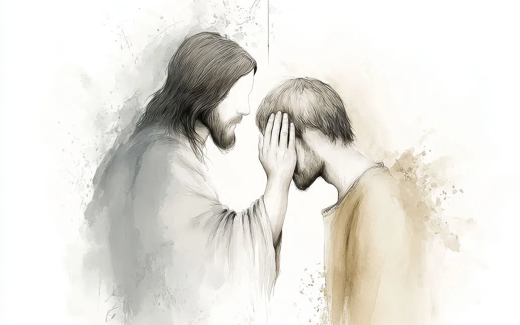 An illustration of one figure gently laying hands on another in a moment of healing or blessing