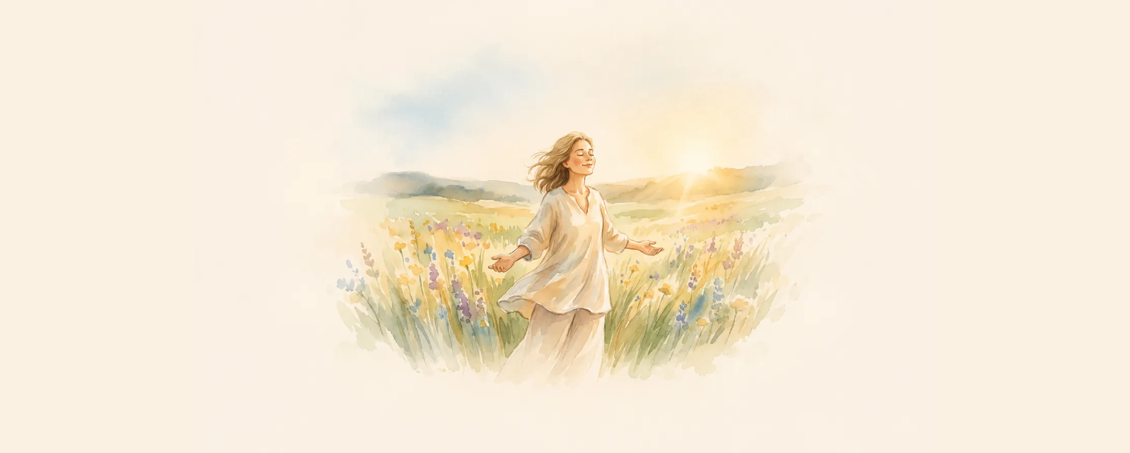 Watercolor illustration of a woman standing in a sunlit wildflower meadow with arms open and eyes closed