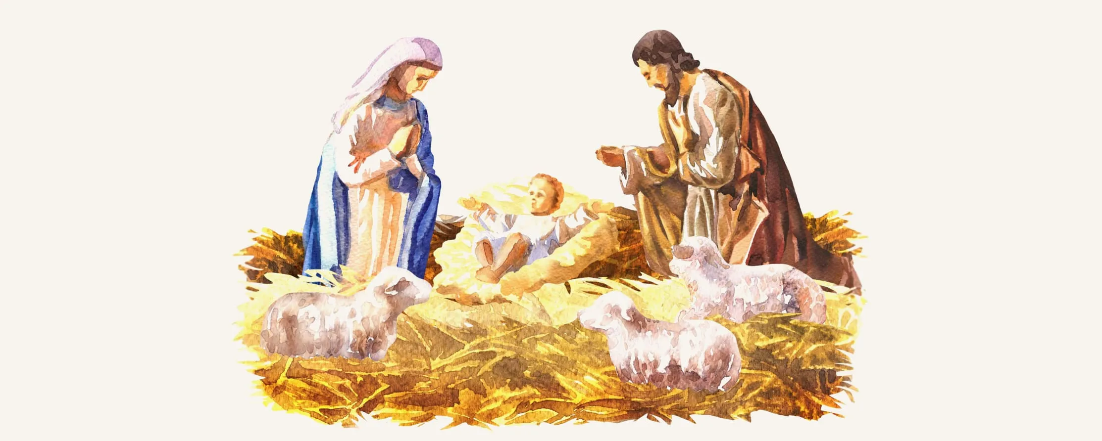 Watercolor Nativity scene with Mary, Joseph, and the infant Jesus in a manger surrounded by straw and sheep