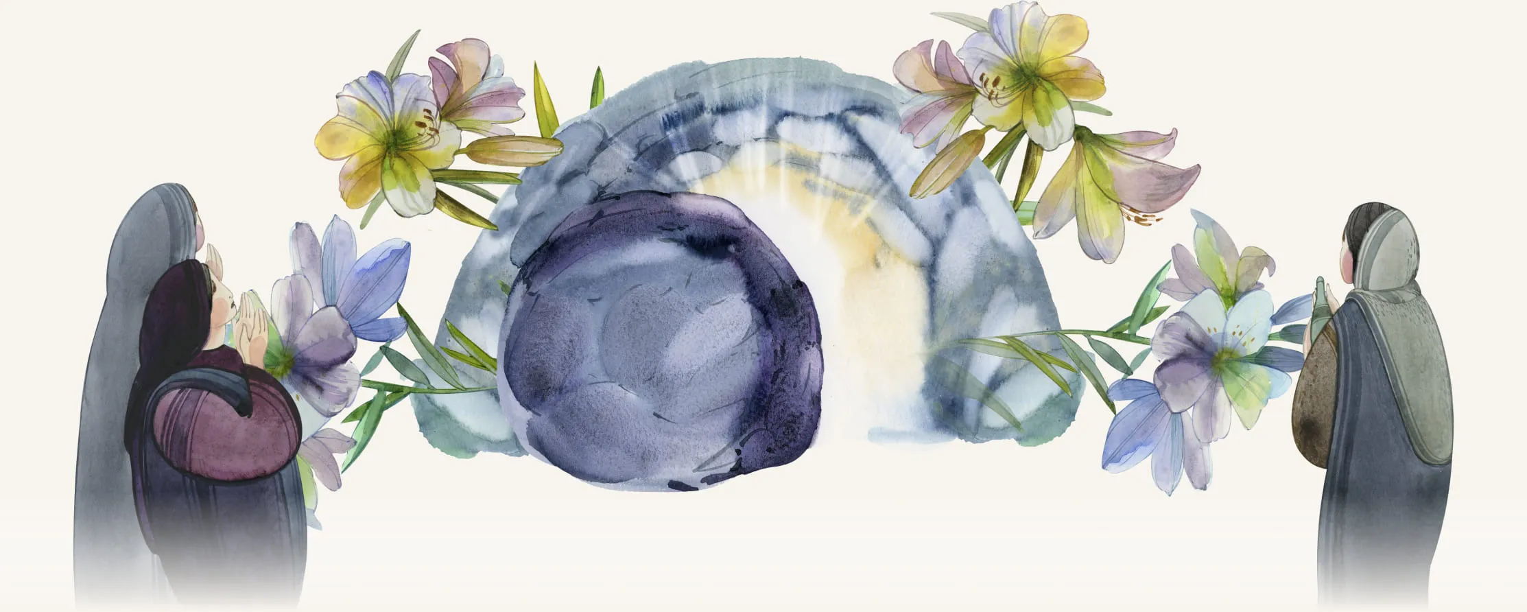 Watercolor illustration of the empty tomb with light shining from within, surrounded by lilies and women in prayer
