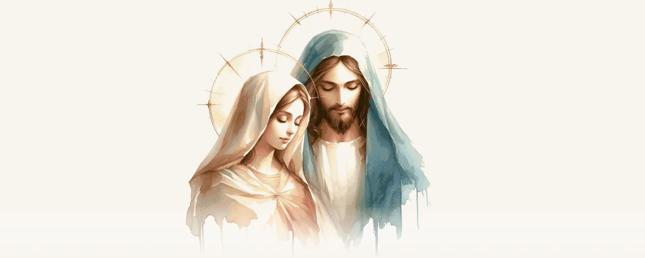 Watercolor portrait of Jesus and Mary with golden halos, eyes closed in peaceful prayer