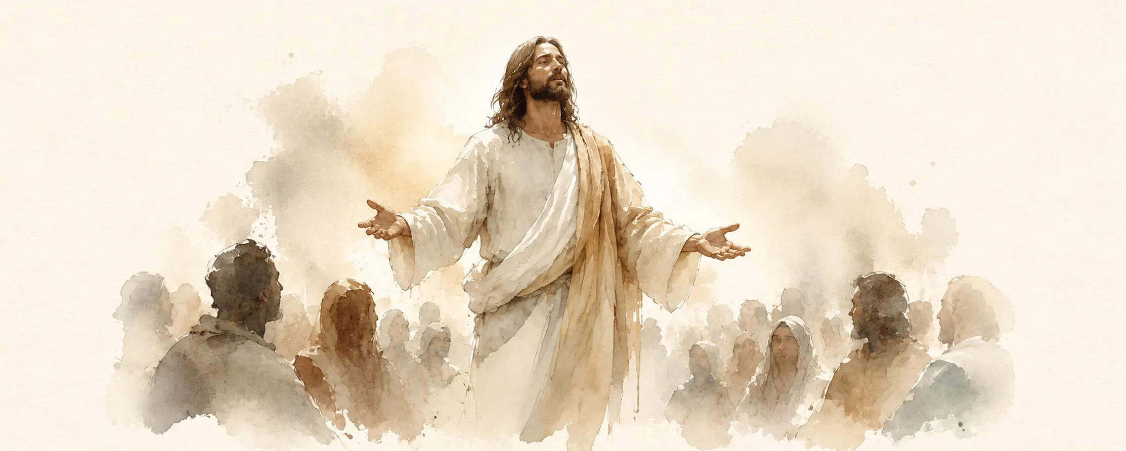Watercolor illustration of Jesus with arms outstretched before a gathered crowd