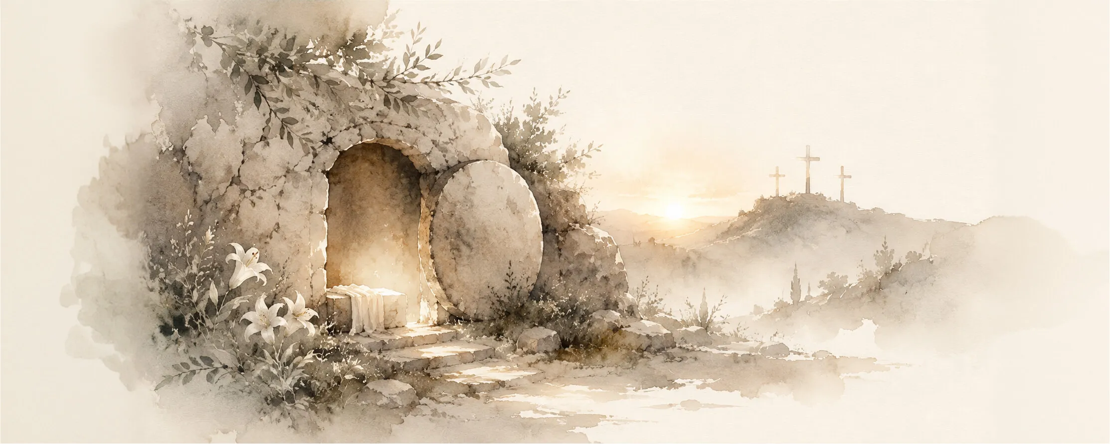 Watercolor illustration of the empty tomb with folded linens, lilies, and distant crosses at sunrise
