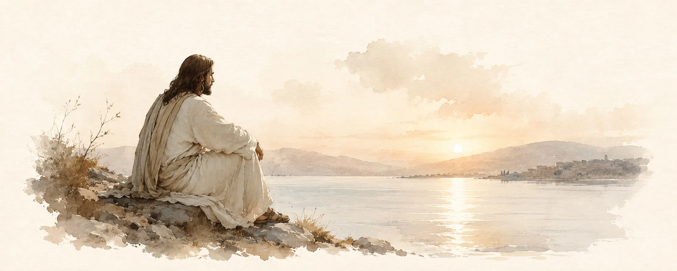 Watercolor illustration of Jesus sitting by the sea looking toward a distant village at sunrise