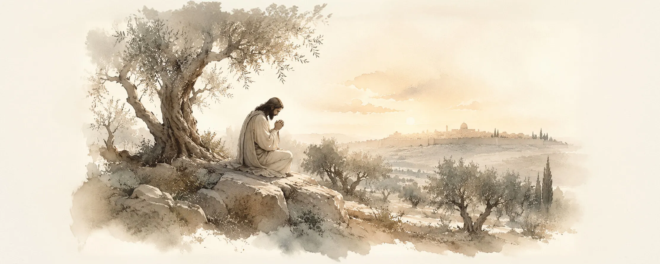 Watercolor illustration of Jesus praying beneath an olive tree overlooking Jerusalem at sunrise