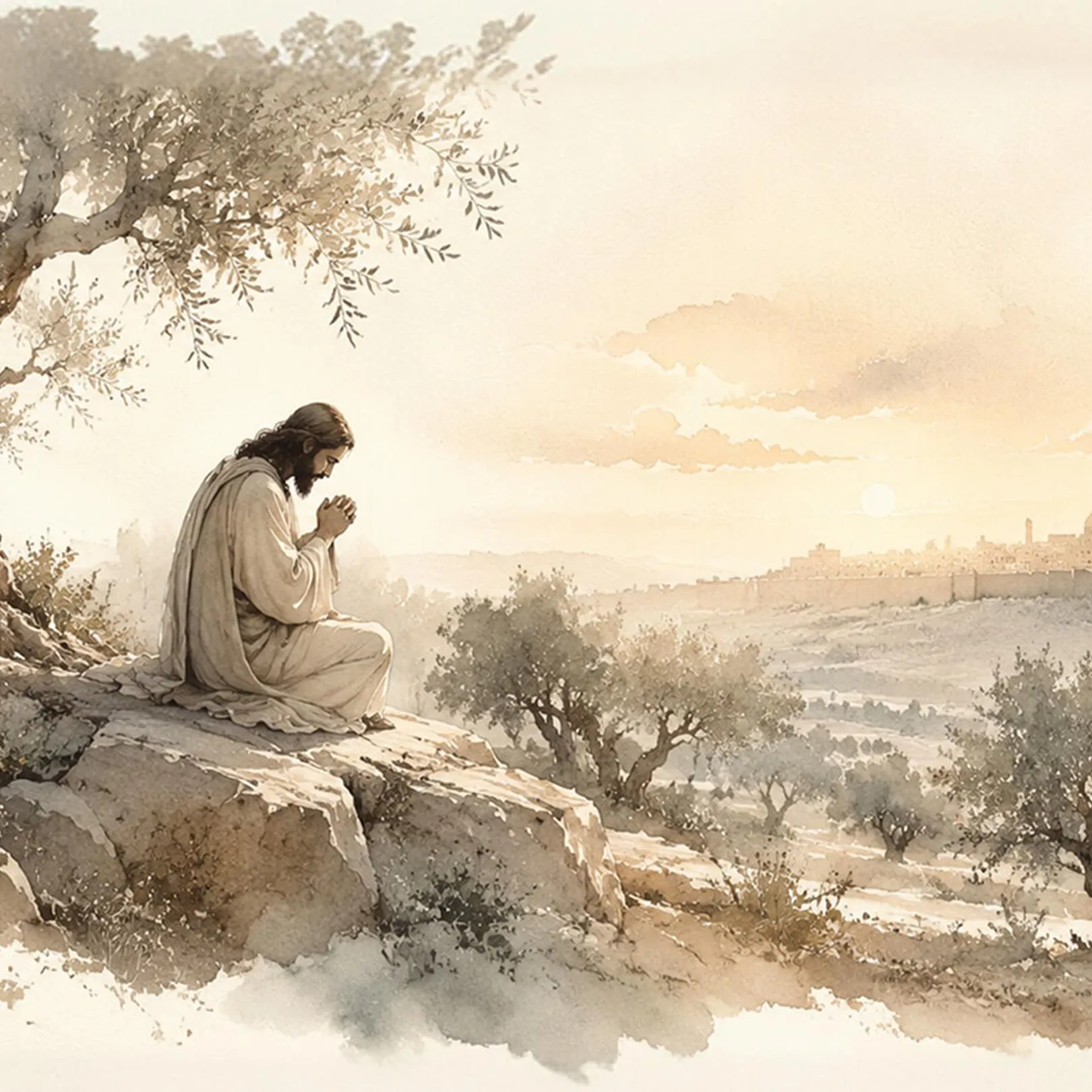 Watercolor illustration of Jesus praying beneath an olive tree overlooking Jerusalem at sunrise