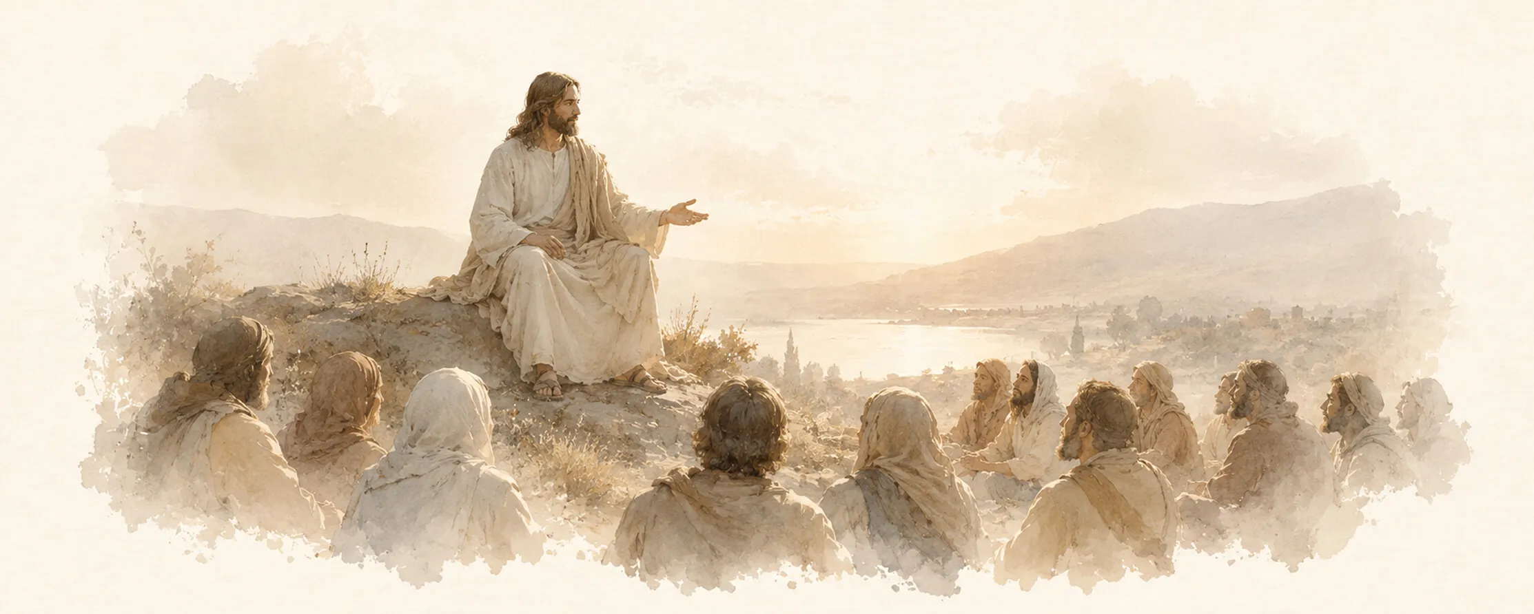 Watercolor illustration of Jesus teaching a group of followers on a hillside overlooking the sea