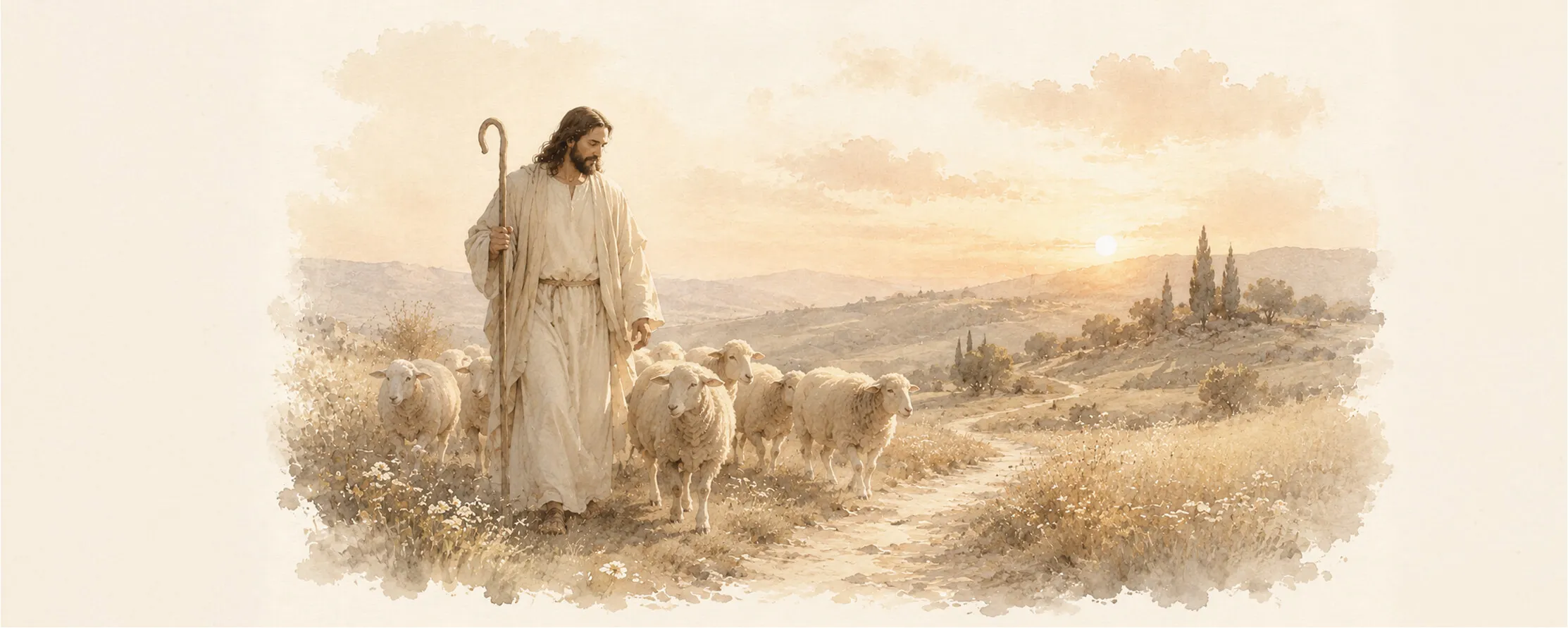 Watercolor illustration of Jesus as the Good Shepherd walking with sheep along a path at sunset