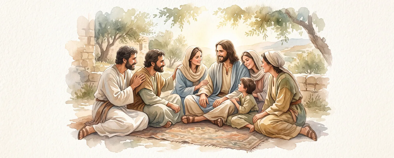 Watercolor illustration of Mary and Jesus with soft golden halos