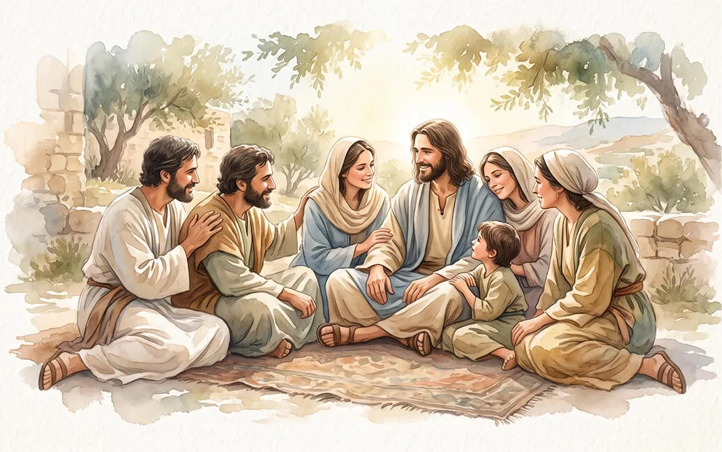 Watercolor illustration of Mary and Jesus with soft golden halos