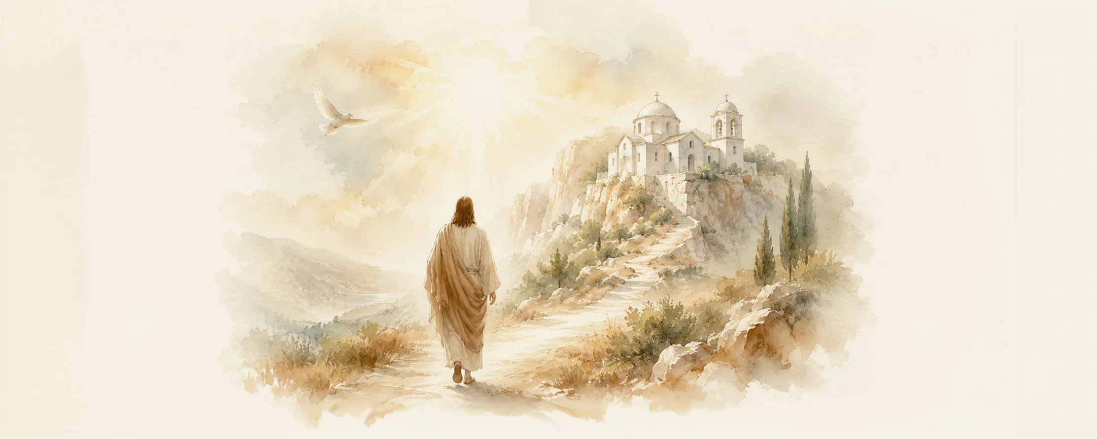Watercolor illustration of Jesus sitting on a rocky hillside overlooking the ancient walled city of Jerusalem