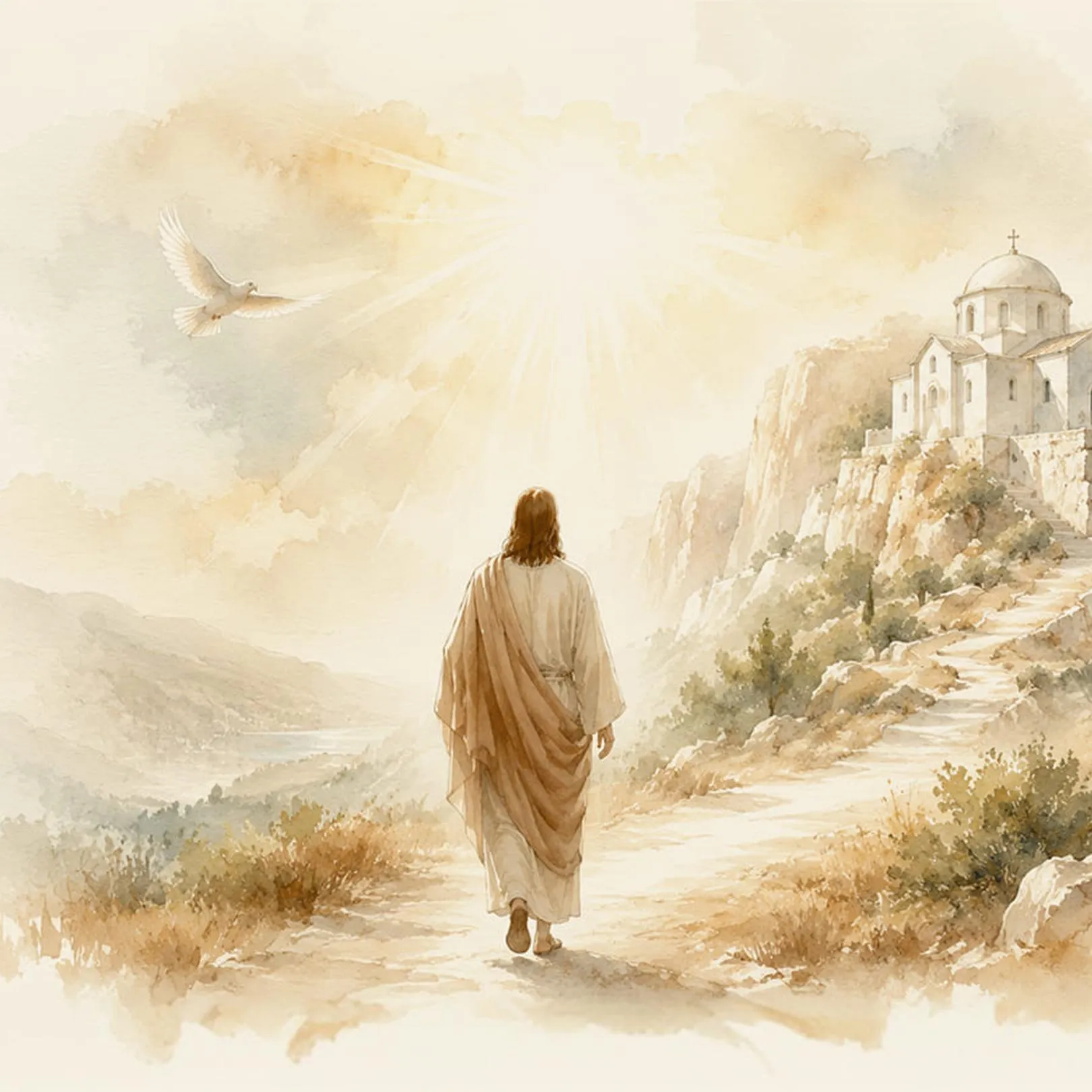 Watercolor illustration of Jesus sitting on a rocky hillside overlooking the ancient walled city of Jerusalem