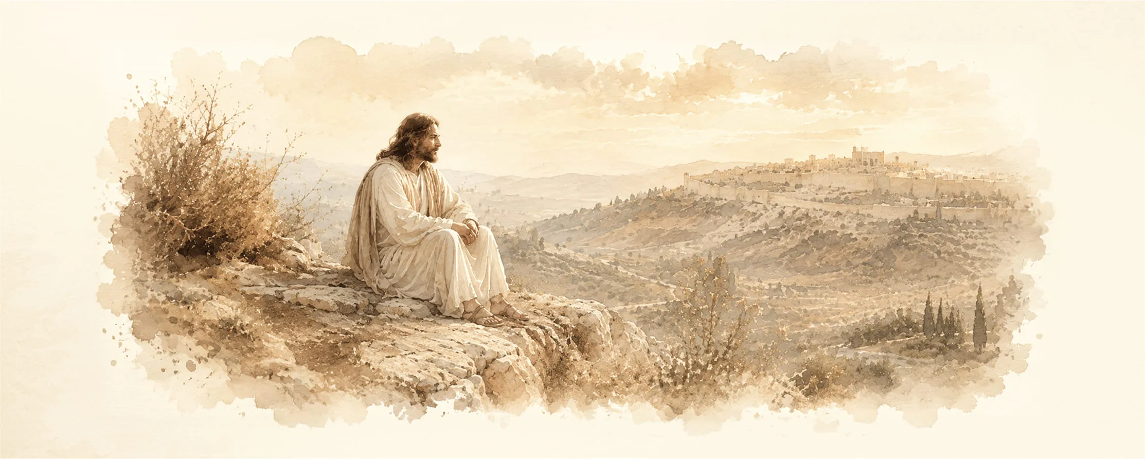 Watercolor illustration of Jesus walking along a path toward a hillside church at sunrise, with a dove flying toward the light