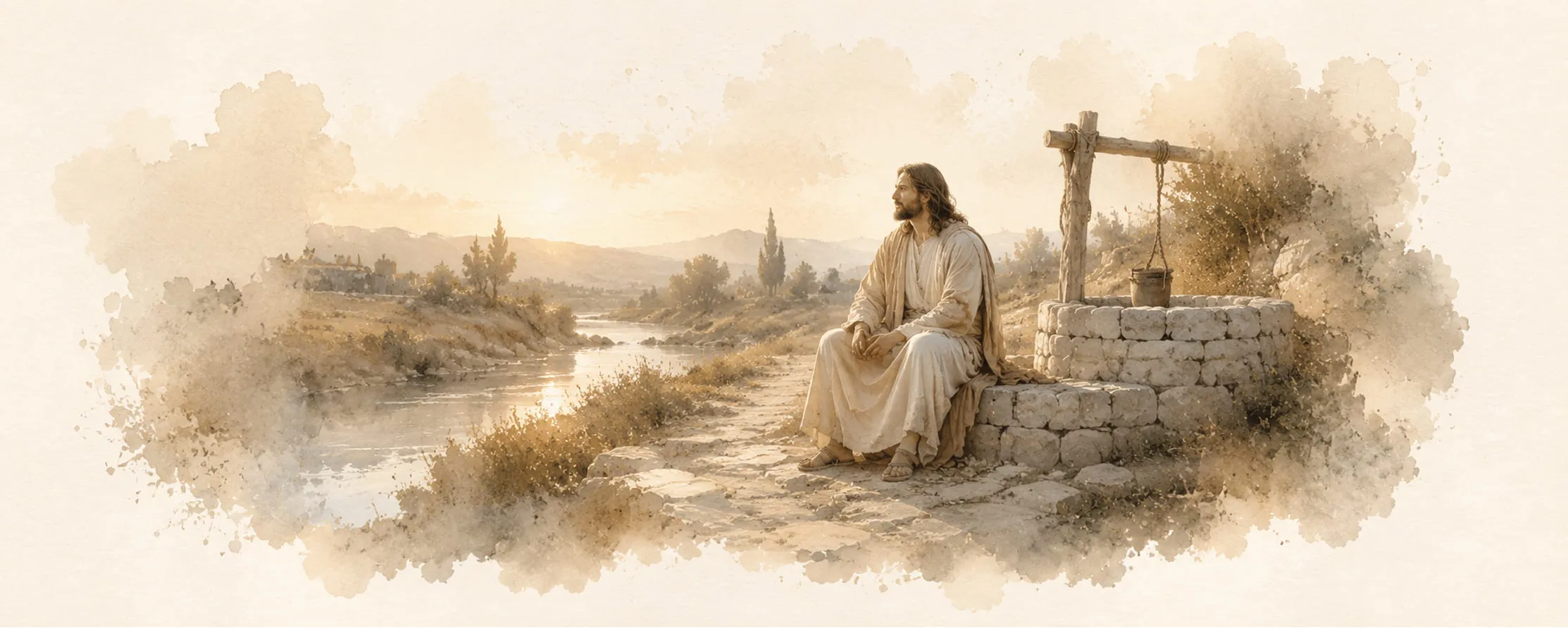 Watercolor illustration of Jesus sitting beside a stone well by a river at golden hour