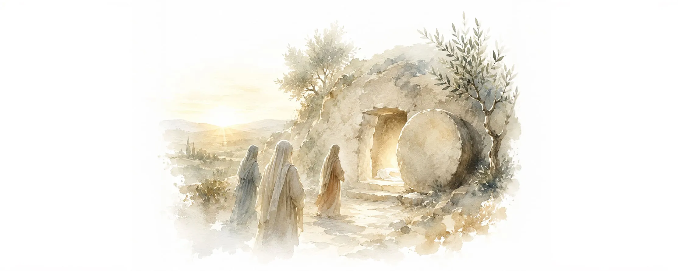 Watercolor illustration of three women approaching the empty tomb at sunrise