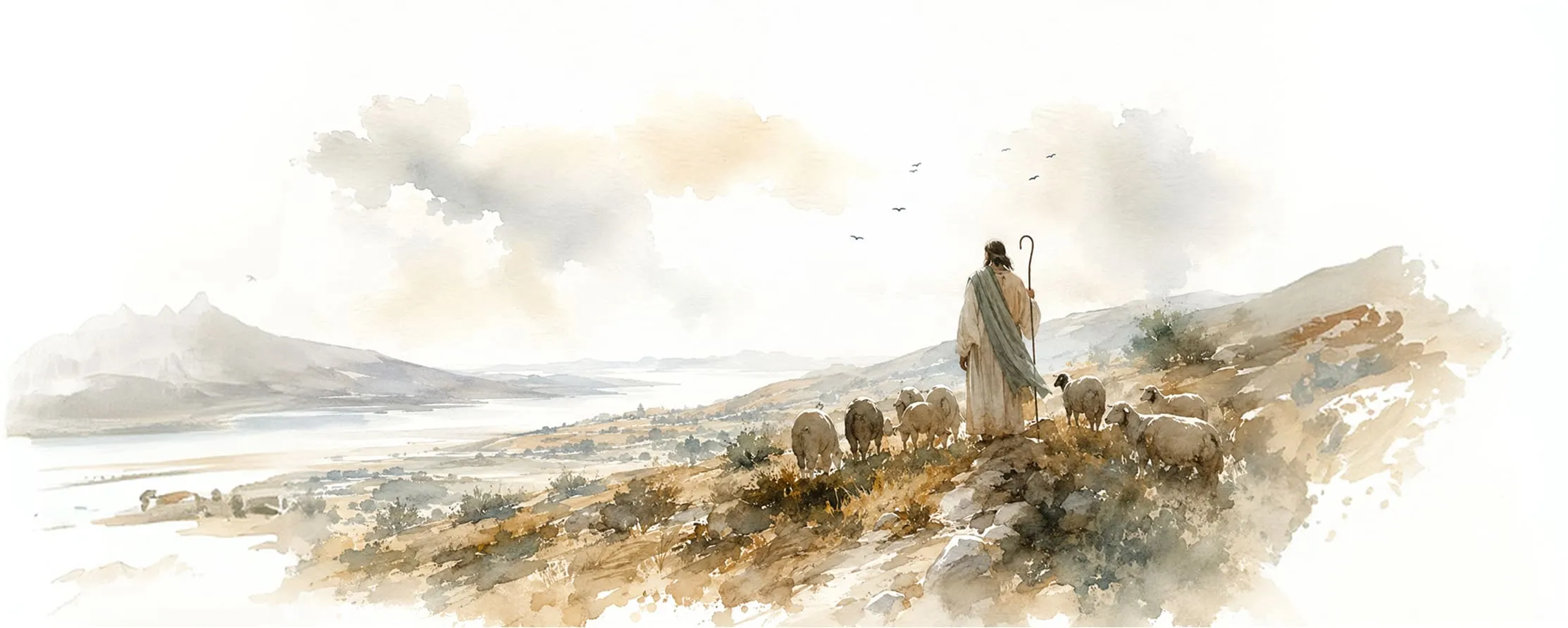 Watercolor illustration of a shepherd with sheep overlooking a valley and lake