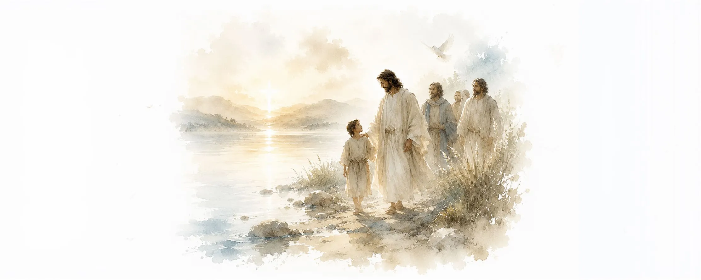 Watercolor illustration of Jesus walking with a child and followers along a shoreline at sunrise