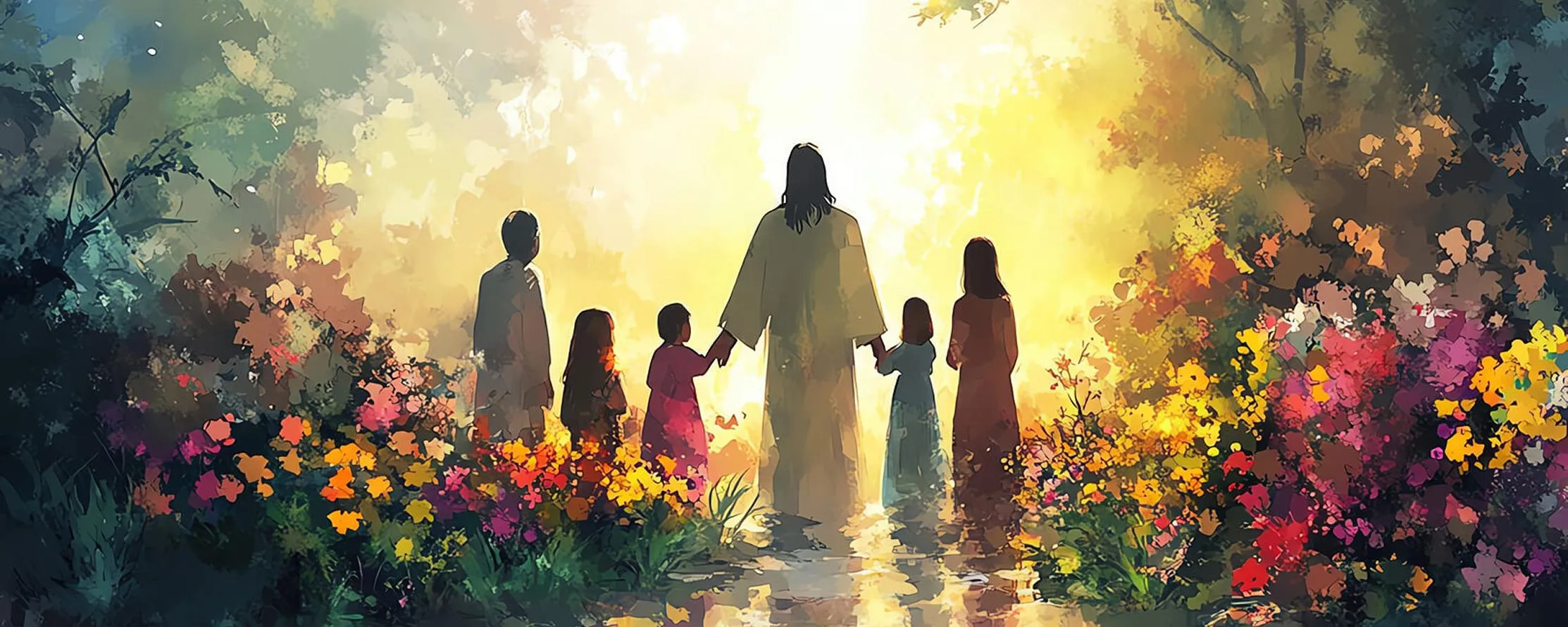 Watercolor illustration of Jesus walking with children through a sunlit garden toward golden light