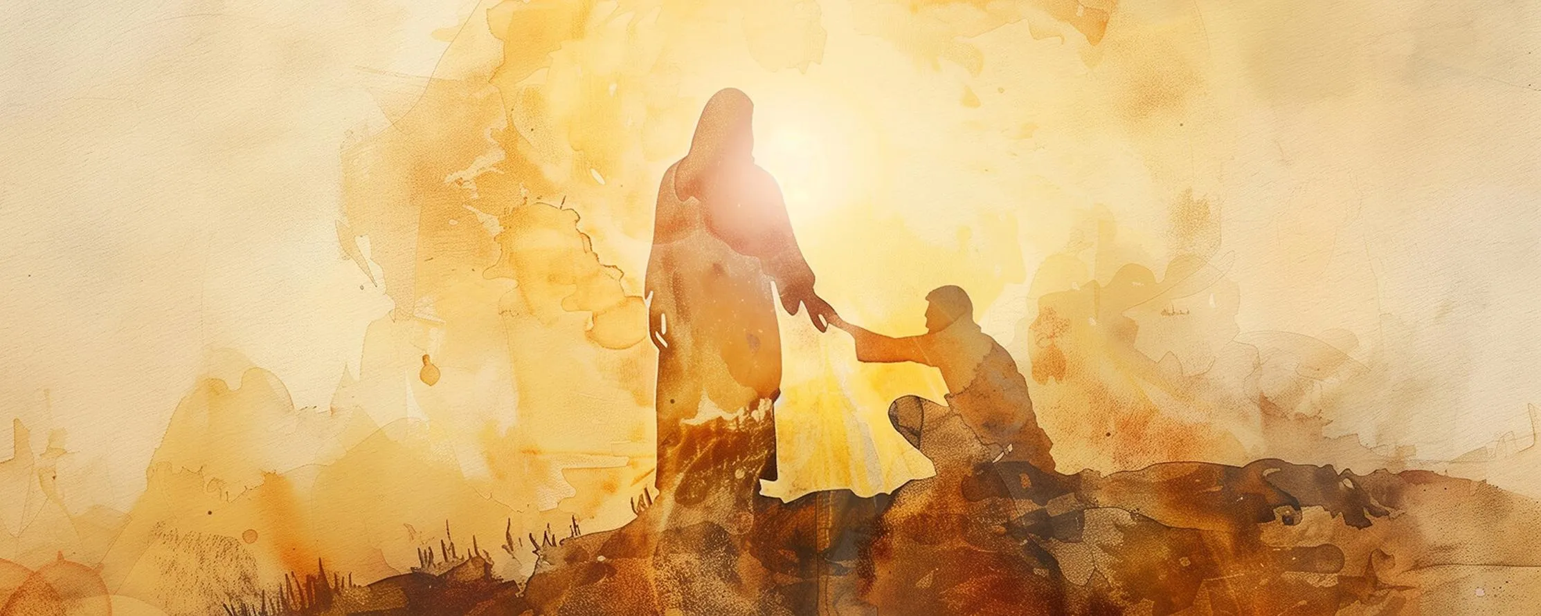 Watercolor illustration of Jesus reaching down to take a kneeling figure’s hand in golden light