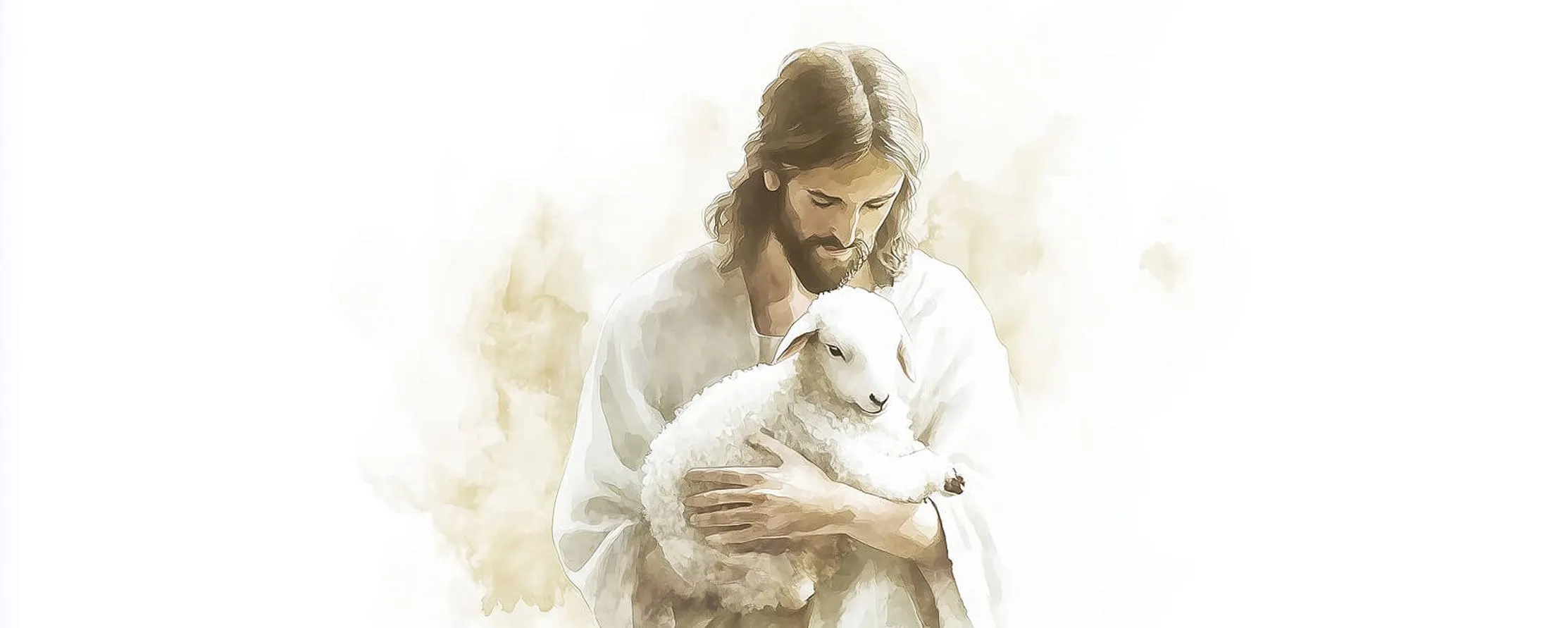 Watercolor illustration of Jesus holding a lamb with a gentle, caring expression
