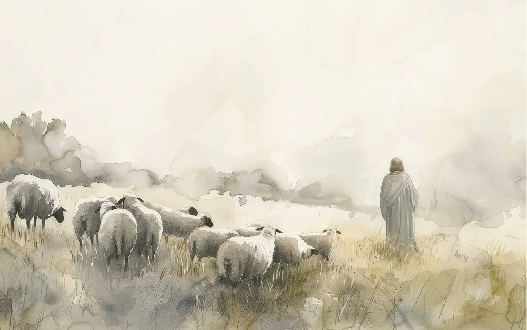 Watercolor illustration of a shepherd with sheep in a misty field