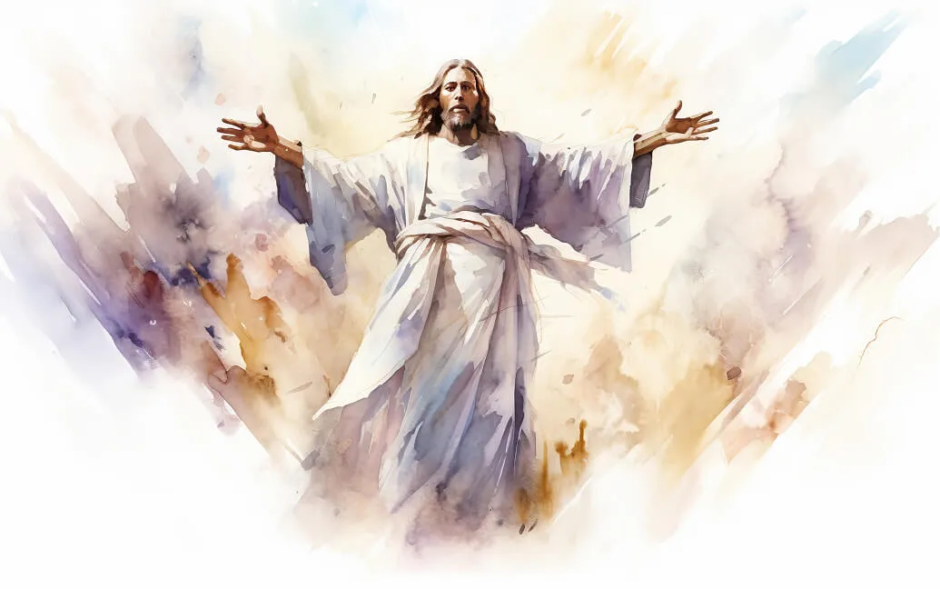 Watercolor illustration of Jesus with arms outstretched in welcome