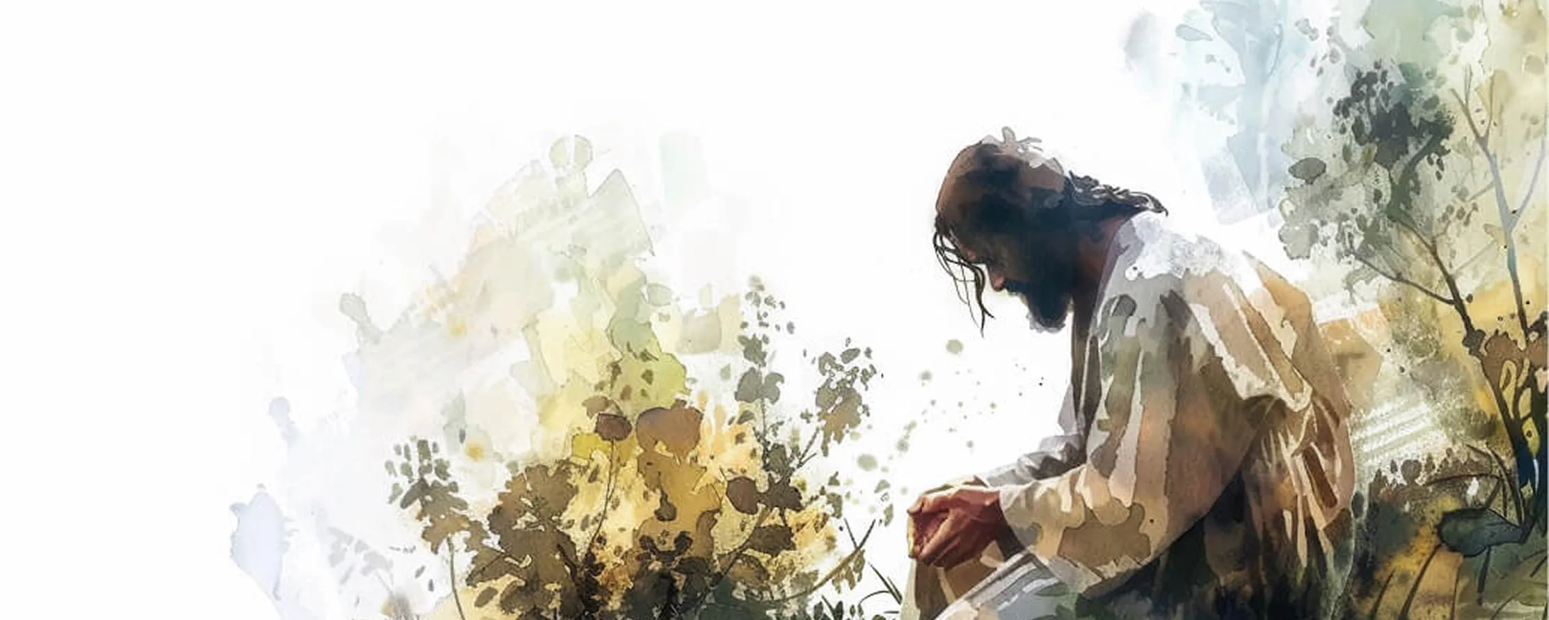 Watercolor illustration of Jesus kneeling in prayer outdoors