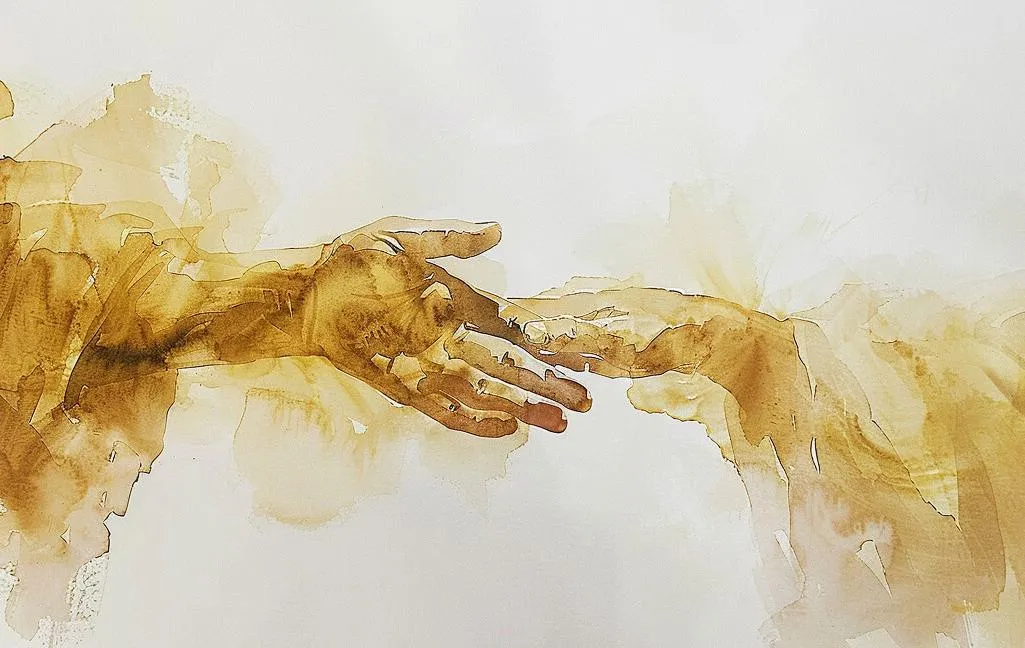 Watercolor illustration of two hands reaching toward each other