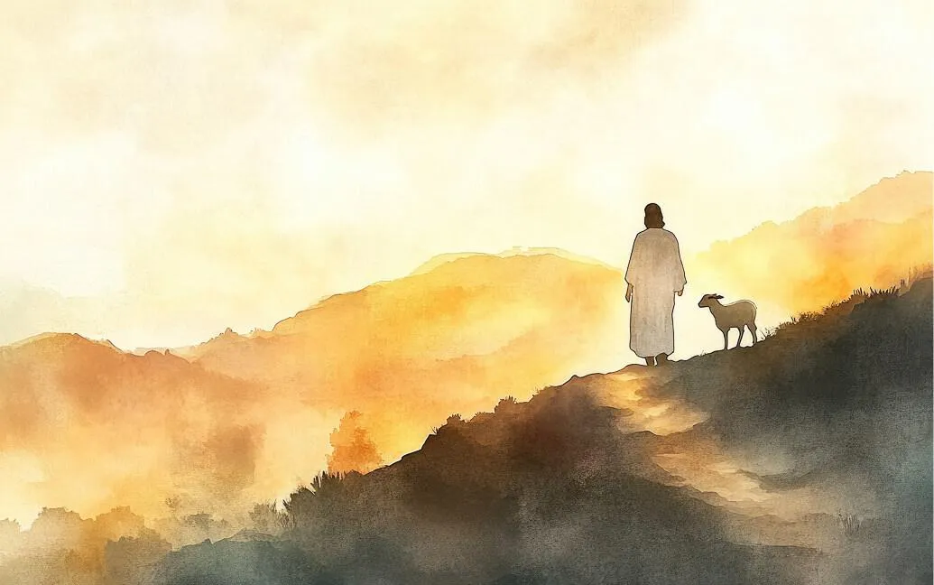 Watercolor illustration of Jesus walking up a hillside with a lamb