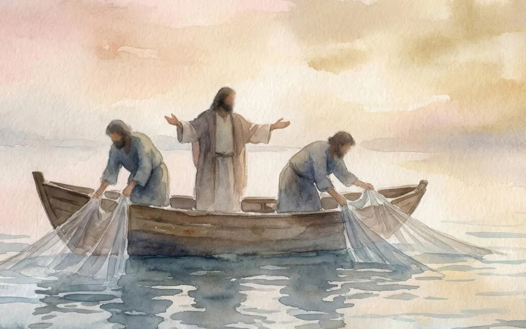 Watercolor illustration of Jesus in a boat with disciples pulling in fishing nets at sunrise