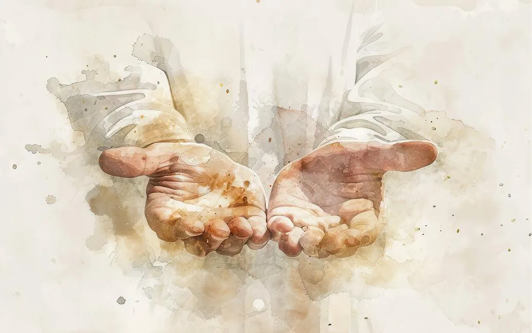 Watercolor illustration of open hands held together in a gesture of receiving