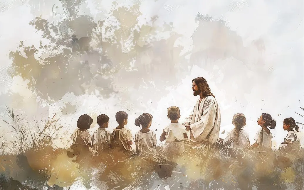 Watercolor illustration of Jesus sitting outdoors teaching a group of children