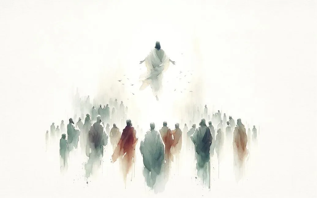 Watercolor illustration of Jesus ascending in light while a crowd looks upward