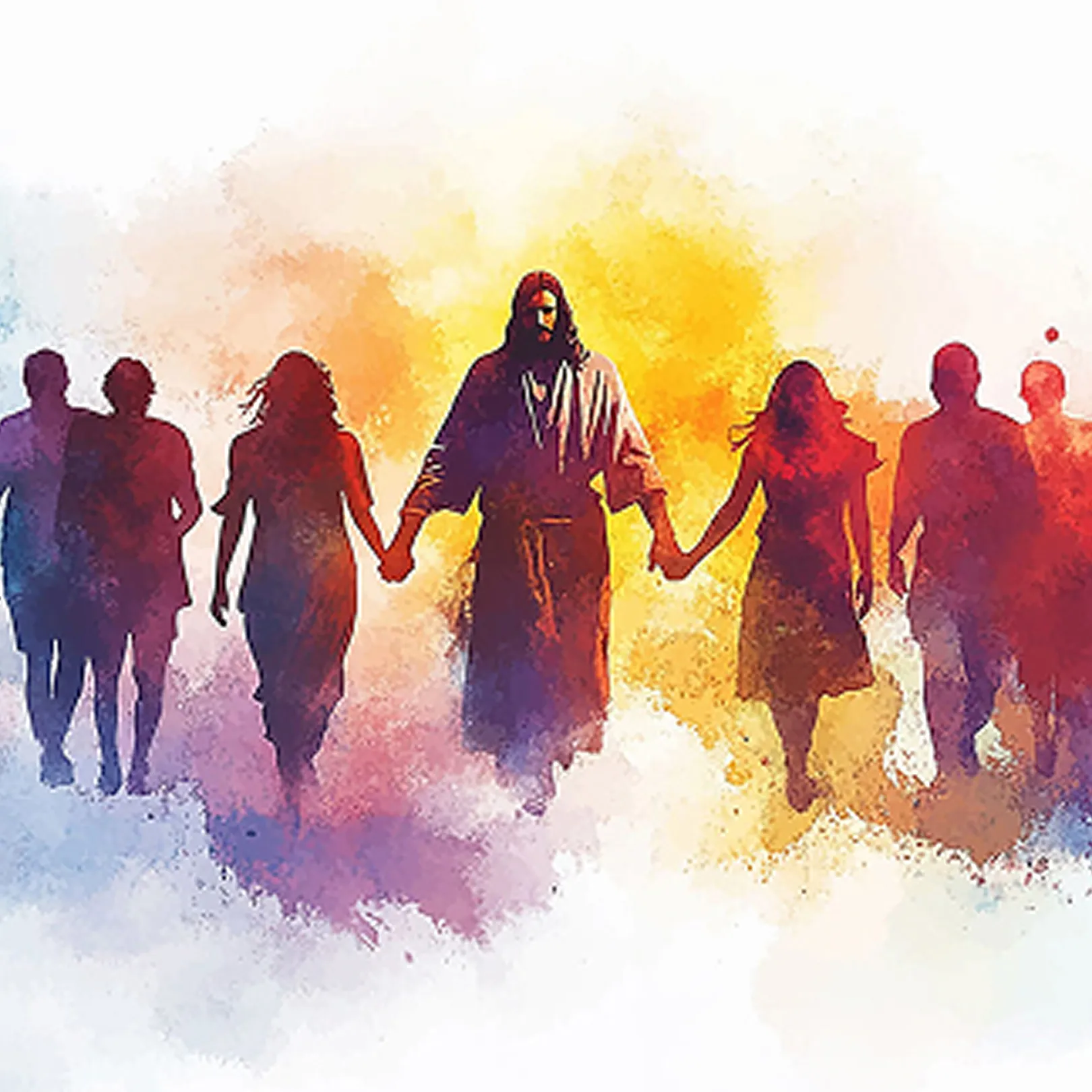 Watercolor illustration of Jesus walking forward and holding hands with a diverse group of people