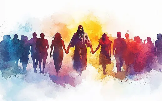 Watercolor illustration of Jesus walking forward and holding hands with a diverse group of people