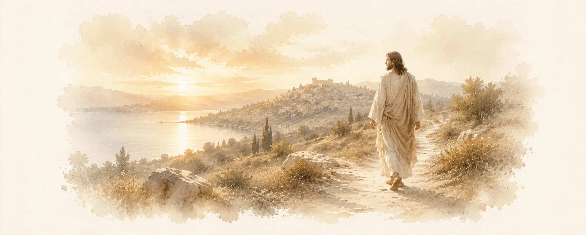 Watercolor illustration of Jesus walking along a coastal path toward a town at golden hour