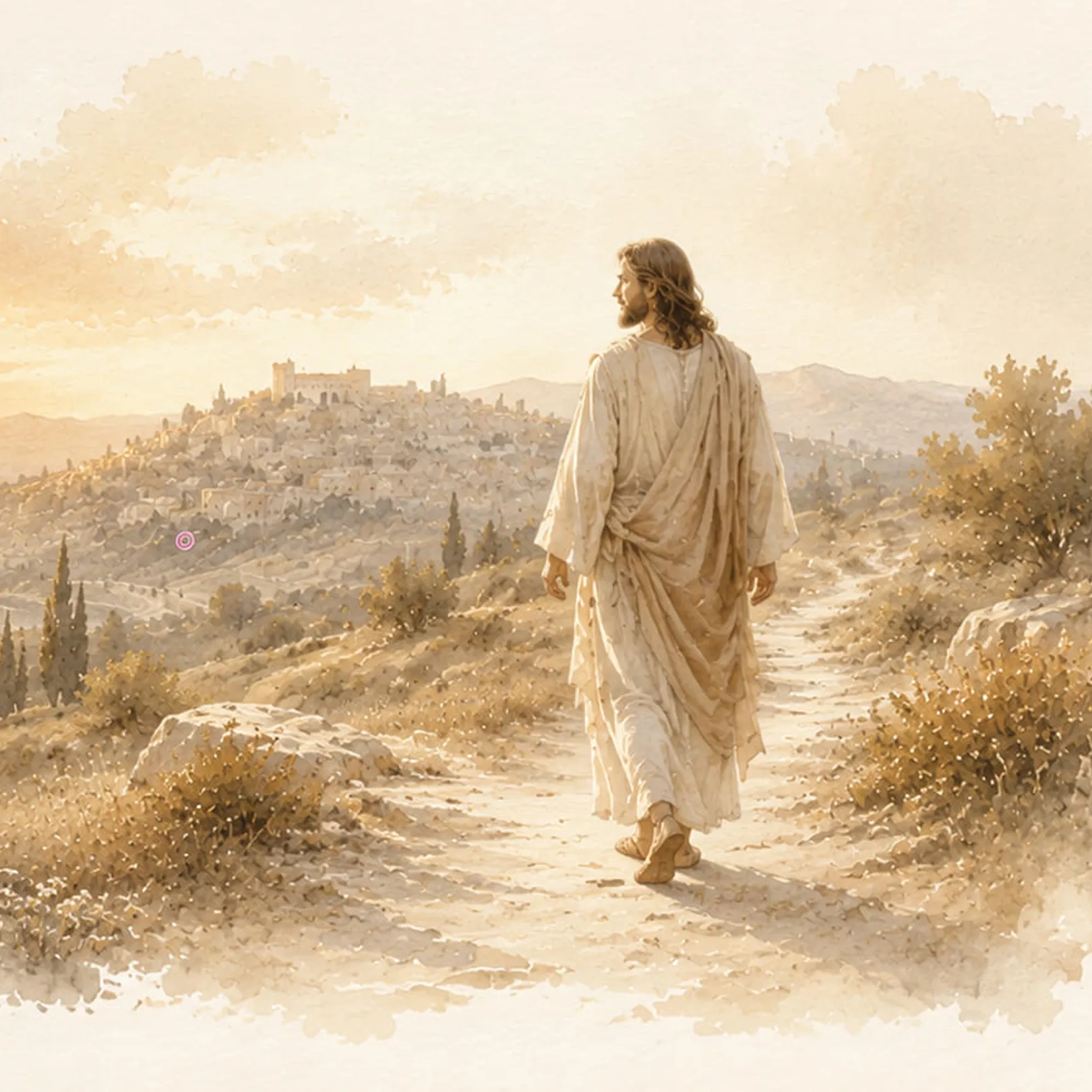 Watercolor illustration of Jesus walking along a coastal path toward a town at golden hour