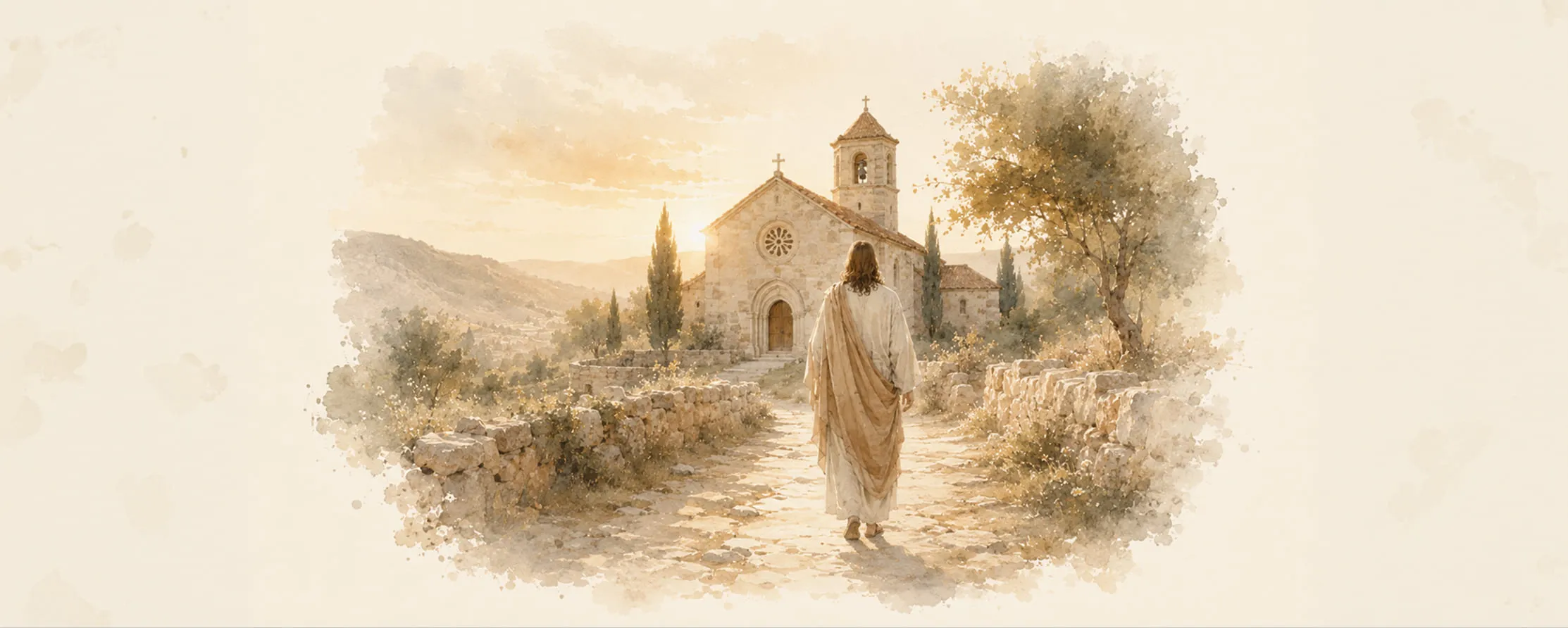 Watercolor illustration of Jesus walking along a stone path toward a small stone church at golden hour