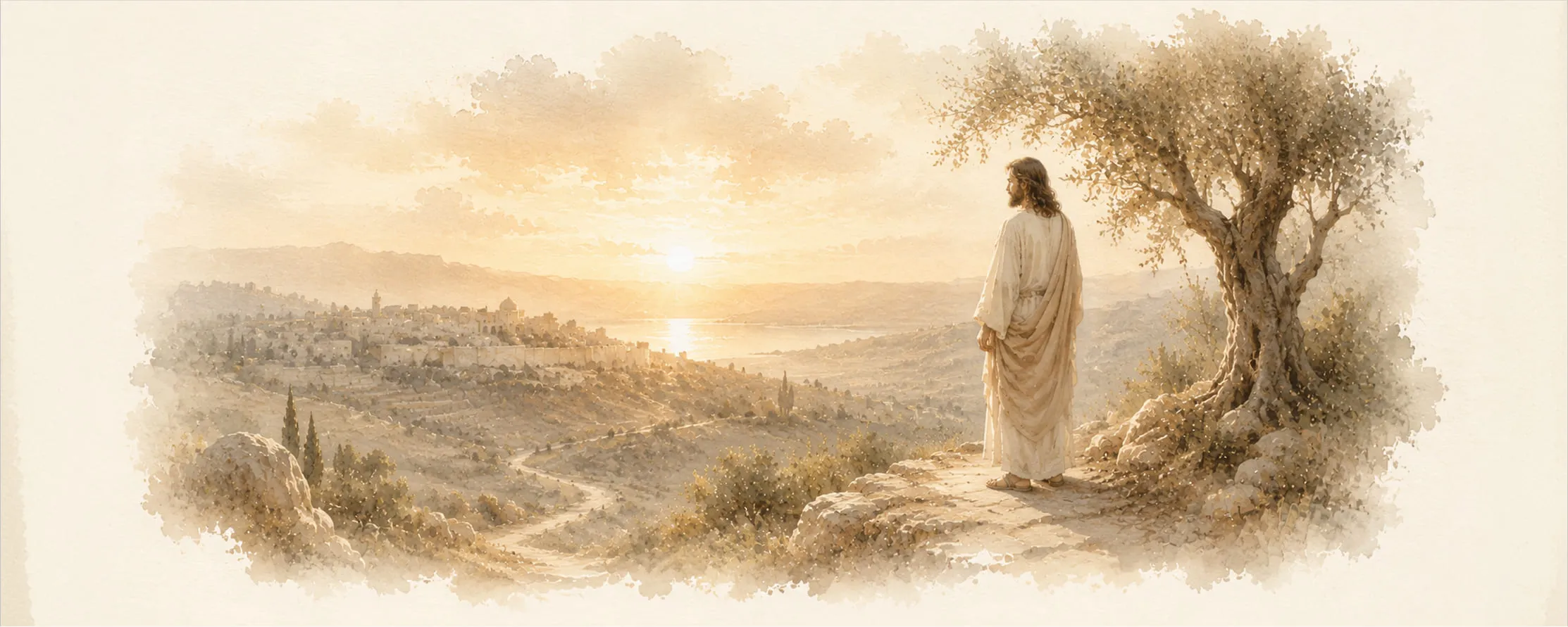 Watercolor illustration of Jesus standing beneath a tree overlooking an ancient city at sunrise