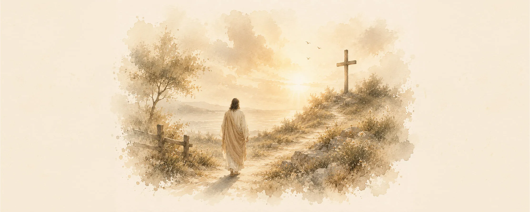 Watercolor illustration of Jesus walking along a sunlit path through a pastoral landscape