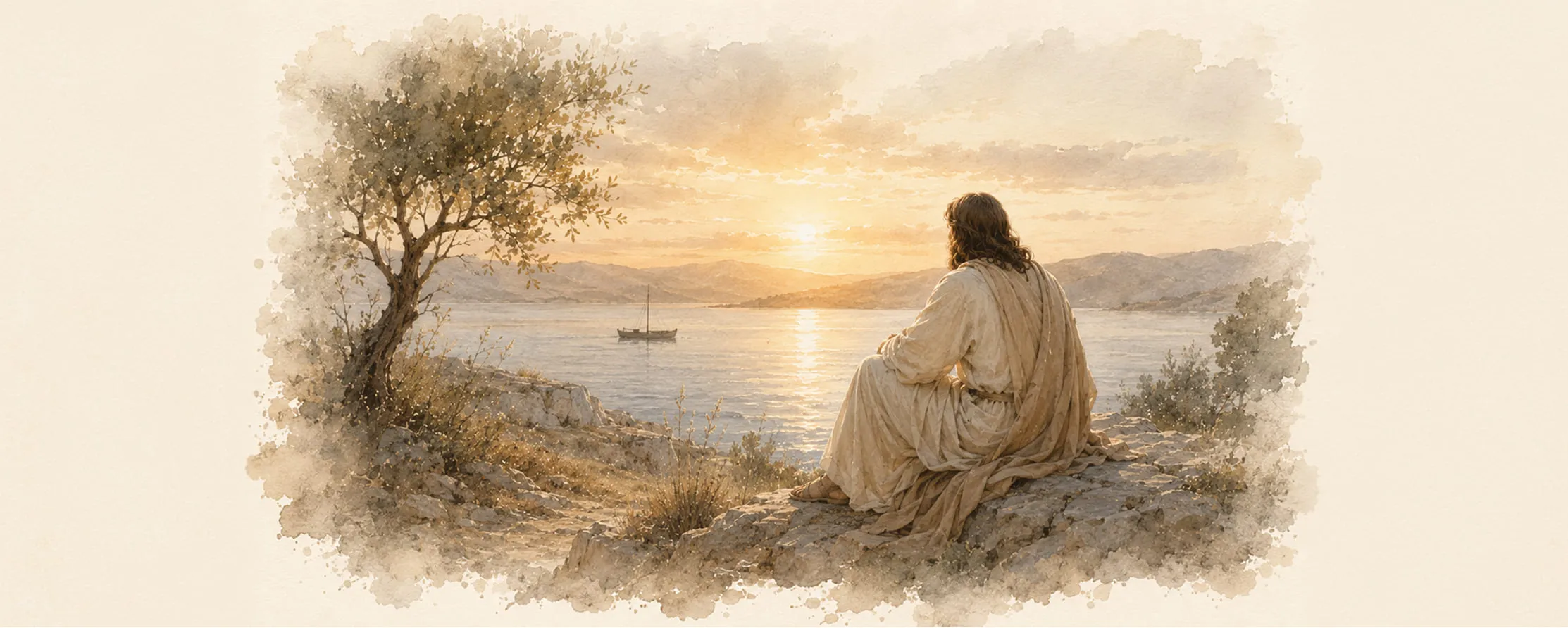 Watercolor illustration of Jesus standing in a sunlit garden overlooking rolling hills