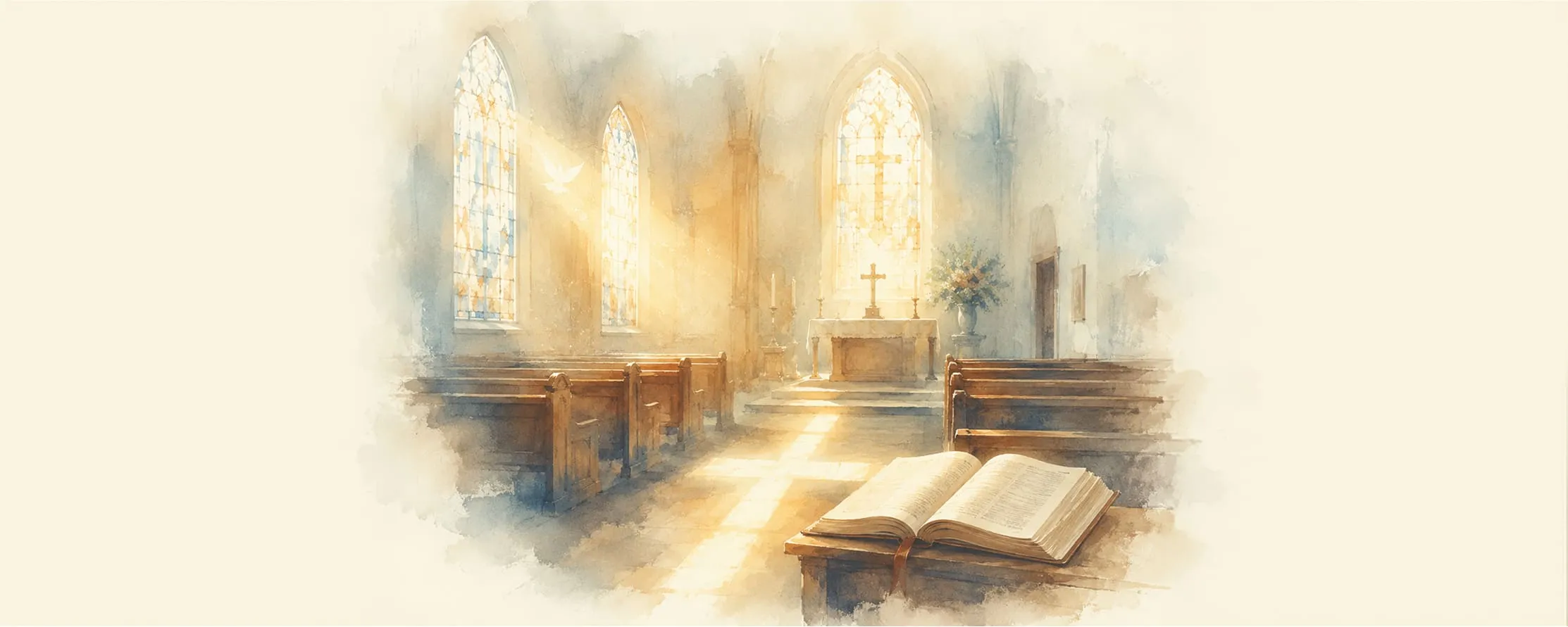Watercolor illustration of Jesus walking beside a flowing stream at golden hour