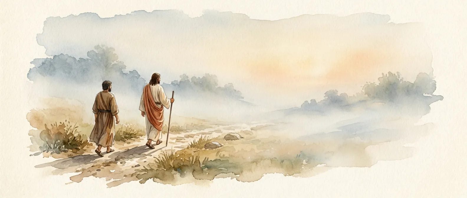 Watercolor illustration of Jesus walking ahead of a follower on a misty path at sunrise